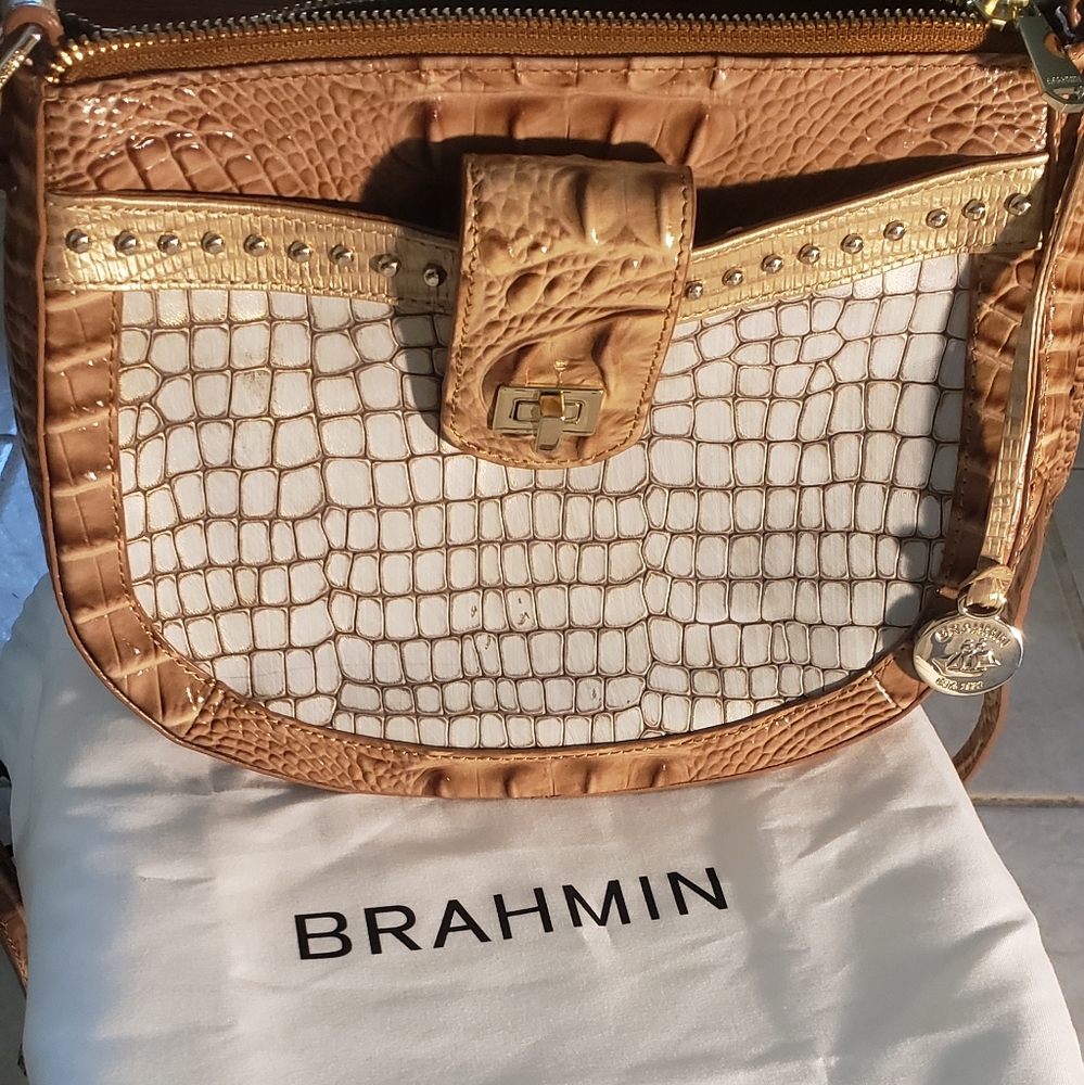 BRAHMIN**AUTHENTIC*** CYNTHIA STYLE PURSE, CROCODILE, CREAM/TAN,